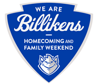 We are Billikens - Homecoming and Family Weekend on a shield shaped blue background with a BIlliken face