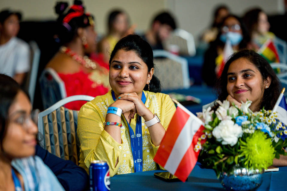 Students listen as President Fred P. Pestello, Ph.D., speaks during the International Services President’s Reception on Monday. Sept. 18. Photo by Sarah Conroy. 