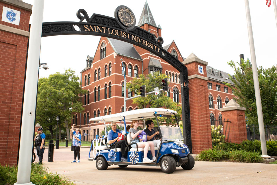 The annual SLU Homecoming Golf Cart Parade returned on Saturday, Sept. 23. SLU President Fred P. Pestello, Ph.D., and First Lady Fran Pestello, Ph.D., led the way. Photo by Luke Yamnitz.