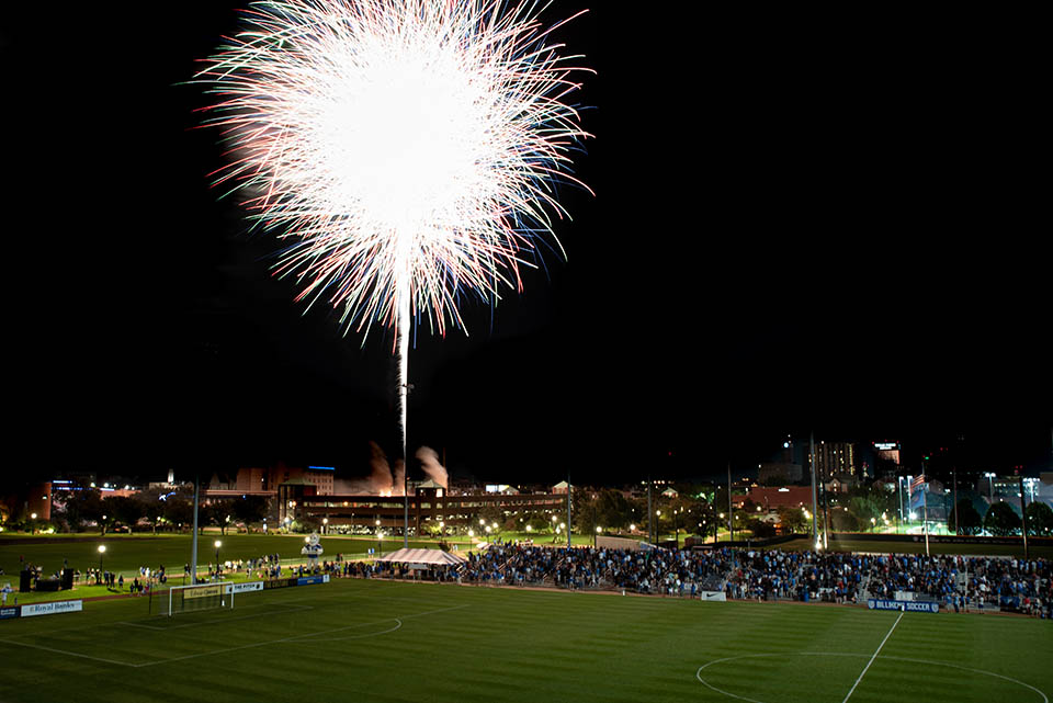 Fireworks were shot off following the men's soccer game. Photo by Luke Yamnitz.