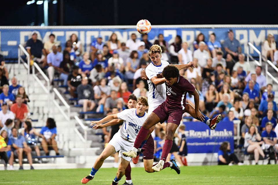 The men's soccer team beat Fordham, 2-1, on Saturday, Sept. 23. A capacity crowd of 6,457 attended the game, the second-largest attendance in Hermann Stadium history. Photo by Bill Barrett.