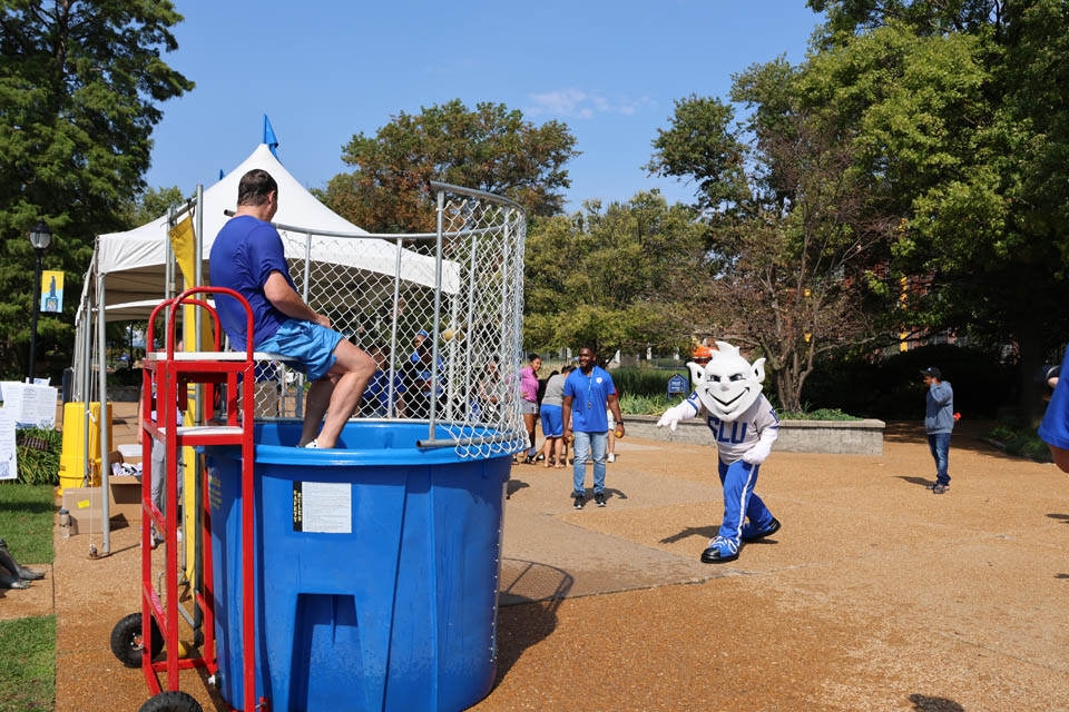 The Billiken attempted to sink men's basketball coach Travis Ford during an event Friday, Sept. 22. Photo by Joe Barker.  