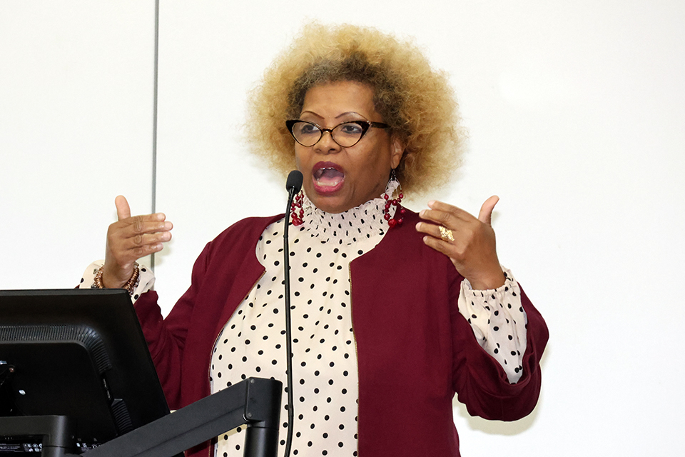 Rev. Tracy Watkins delivered the closing remarks at the MLK speech reading ceremony on Oct. 12, 2023. Photo by Joe Barker.