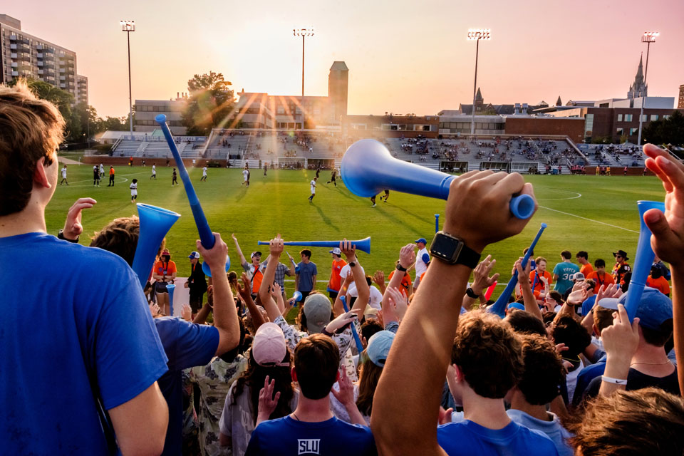 Fans cheer during the Billiken soccer game against the University of Illinois Chicago on Aug. 19, 2023. Photo by Sarah Conroy.
