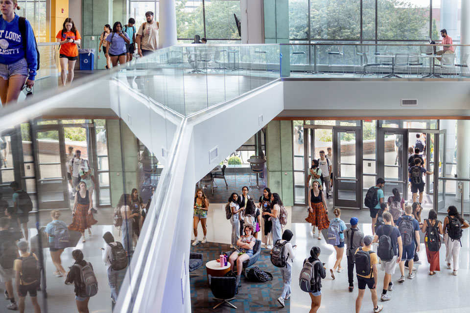 Students walk through the Interdisciplinary Science and Engineering building for the first day of classes on Aug. 23, 2023. Photo by Sarah Conroy.