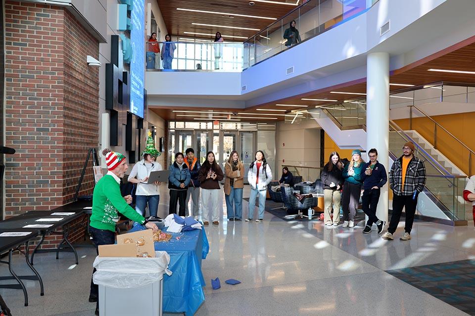 A crowd gathered in the Interdisciplinary Science and Engineering (ISE) building to watch the Innovation Challenge. Photo by Joe Barker.