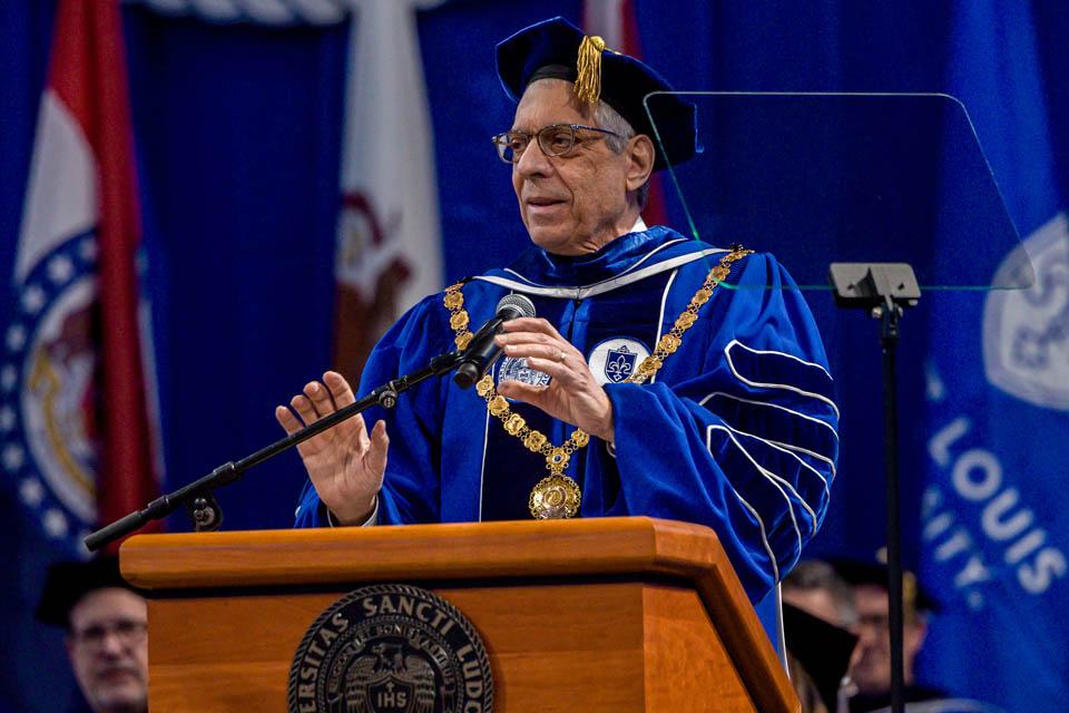 President Fred P. Pestello, Ph.D., addresses the graduates during Midyear Commencement on Dec. 14, 2024. Photo by Sarah Conroy. 