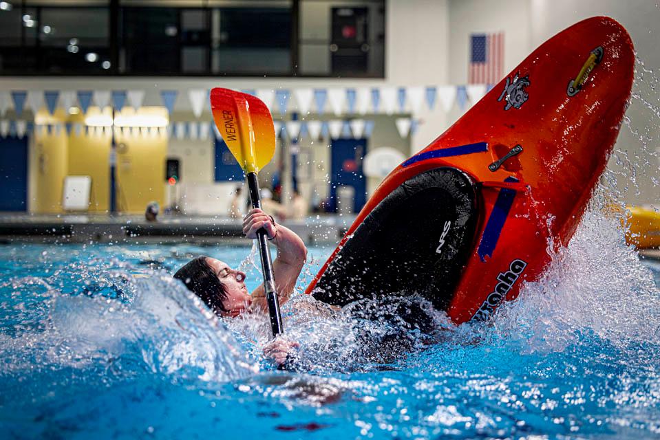 The kayaking club practices in the pool at Simon Rec Center on April 15, 2024. This photo took home second place in the University Photographers Association monthly photo contest and fourth place in the annual contest. Photo by Sarah Conroy. 