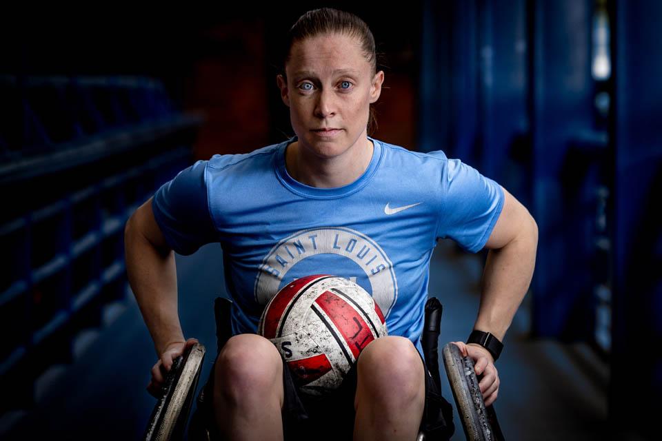 Sarah Adam, OTD, posed for a portrait before she headed to Paris to become the first woman on the U.S. Paralympics wheelchair rugby team. This photo took second place in the University Photographers Association monthly and annual photo contest. Photo by Sarah Conroy. 