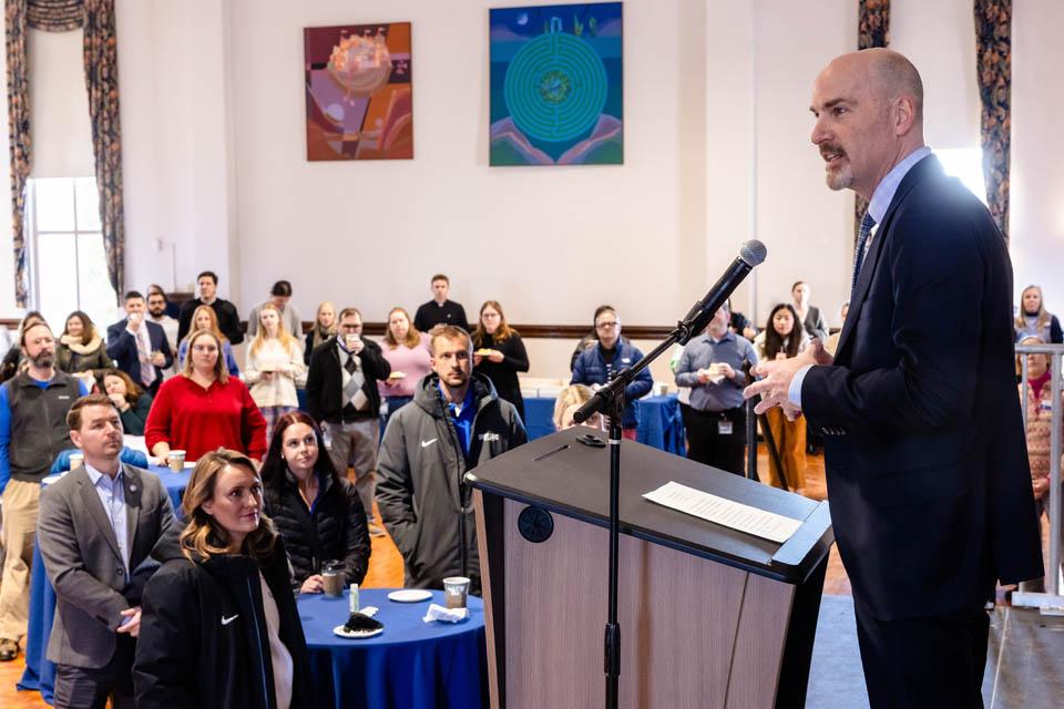 President-elect Edward Feser, Ph.D., addresses the SLU community in the St. Louis room on January 14, 2025.  Photo by Sarah Conroy. 