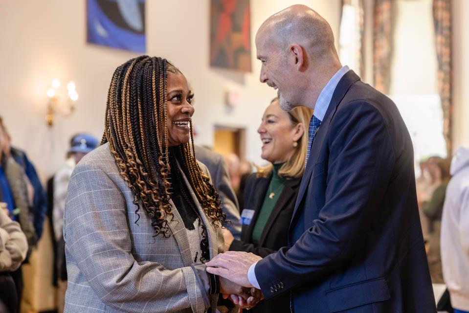 President-elect Edward Feser, Ph.D., meets with the SLU community in the St. Louis room on Tuesday, Jan. 14, 2025. Photo by Sarah Conroy. 