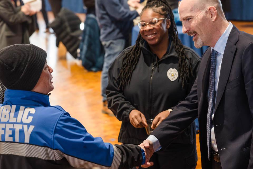 President-elect Edward Feser, Ph.D., meets with the SLU community in the St. Louis room on Tuesday, Jan. 14, 2025. Photo by Sarah Conroy. 