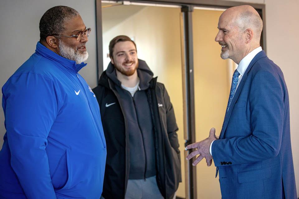 President-elect Edward Feser, Ph.D., meets students during a reception at the Allied Health Building on Monday, Jan. 13, 2025. Photo by Sarah Conroy. 