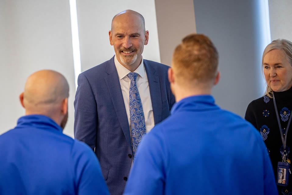 President-elect Edward Feser, Ph.D., meets students during a reception at the Allied Health Building on Monday, Jan. 13, 2025. Photo by Sarah Conroy. 