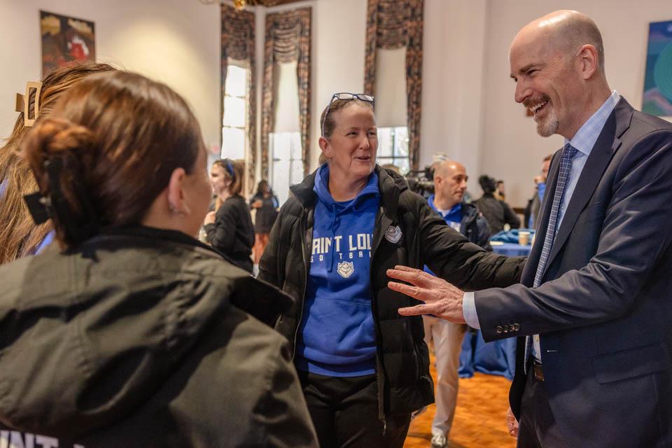 President-elect Edward Feser, Ph.D., meets with the SLU community in the St. Louis room on Tuesday, Jan. 14, 2025. Photo by Sarah Conroy. 