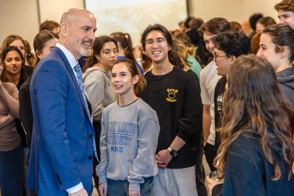 President-elect Edward Feser, Ph.D., meets students during a reception at the Allied Health Building on Monday, Jan. 13, 2025. Photo by Sarah Conroy. 