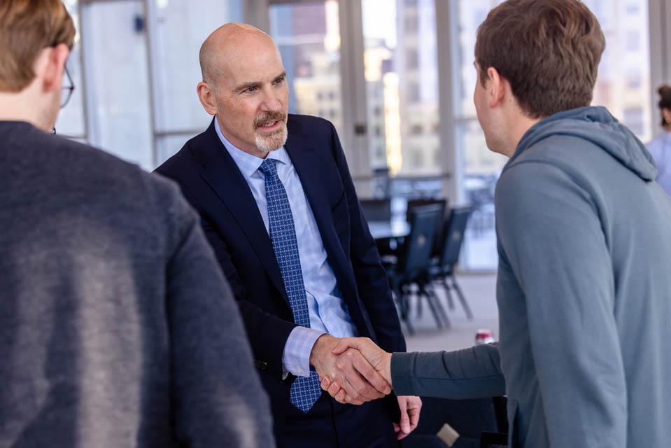 President-elect Edward Feser, Ph.D., meets with the SLU community at the School of Law on January 14, 2025. Photo by Sarah Conroy. 