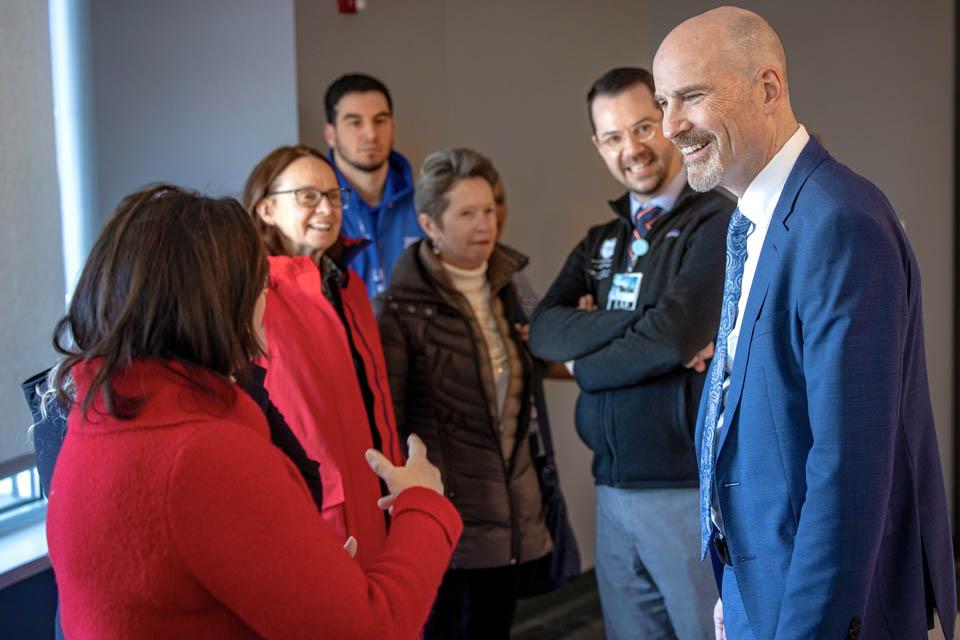 President-elect Edward Feser, Ph.D., meets students during a reception at the Allied Health Building on Monday, Jan. 13, 2025. Photo by Sarah Conroy. 