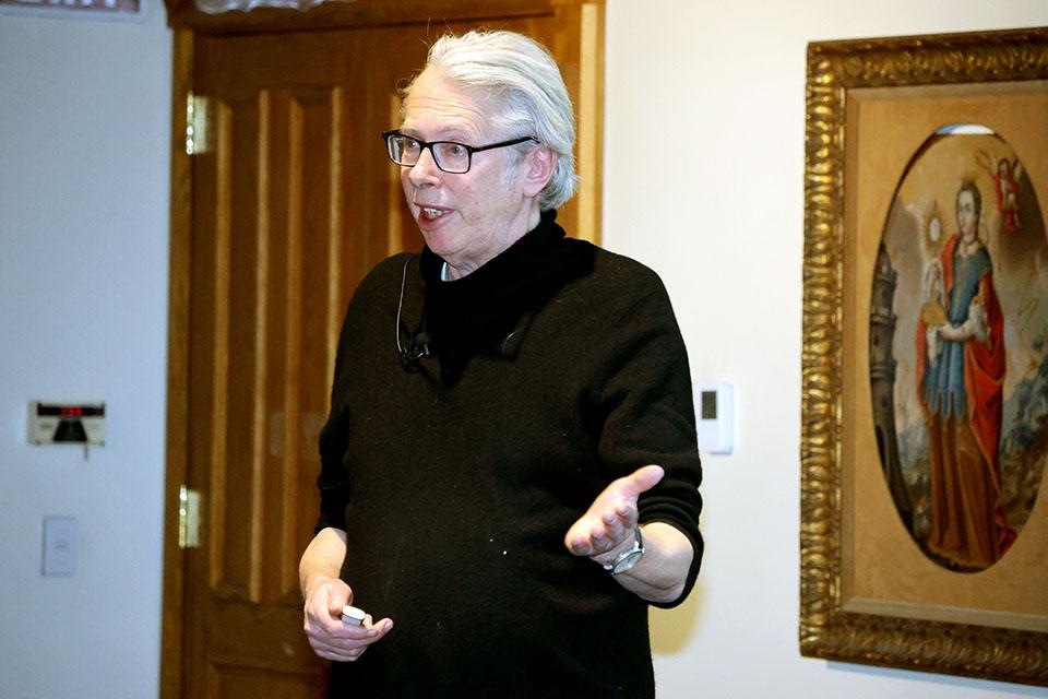 Jonathan Sawday, Ph.D., speaks at a reception on Wednesday, Jan. 15. Photo by Joe Barker.