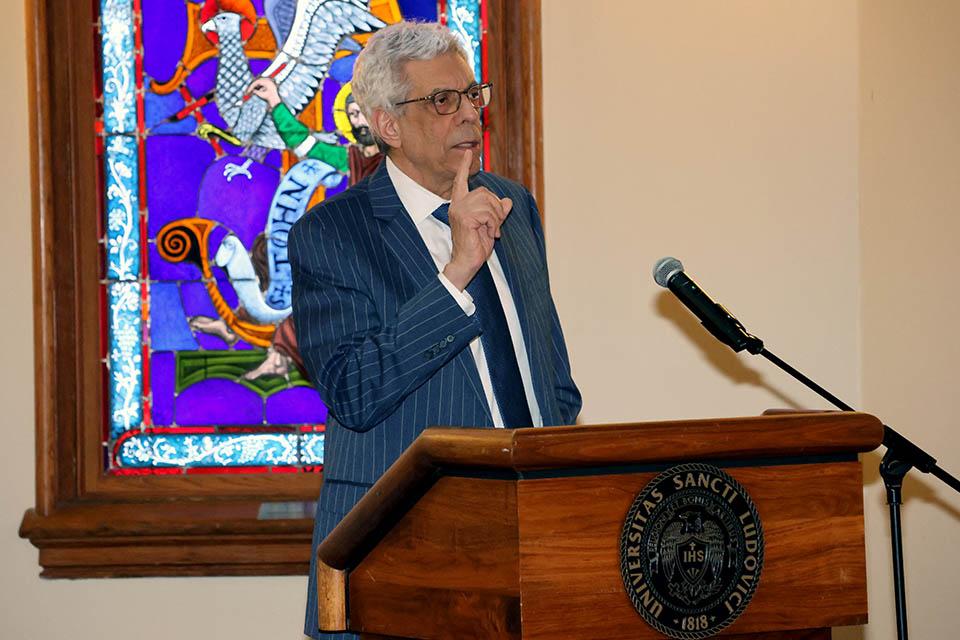 SLU President Fred P. Pestello, Ph.D., praised James Russell Lowell Prize awardee Jonathan Sawday, Ph.D., during an event Wednesday, Jan. 15. Photo by Joe Barker. 