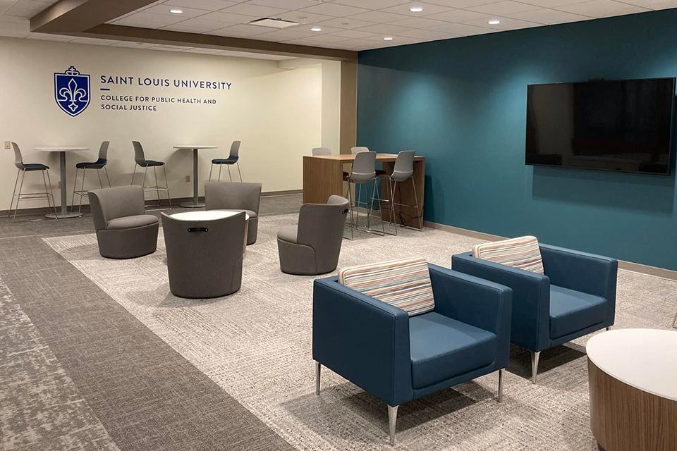 The lobby off the elevator on the second floor of Wool is a unique student lounge and study space.