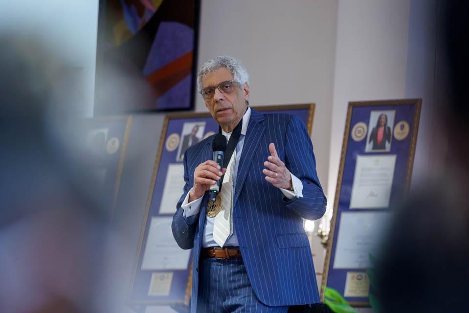 President Fred P. Pestello, Ph.D., participates in a panel discussion during the Martin Luther King Jr. Memorial Tribute on Jan. 23, 2025. Photo by Sarah Conroy.