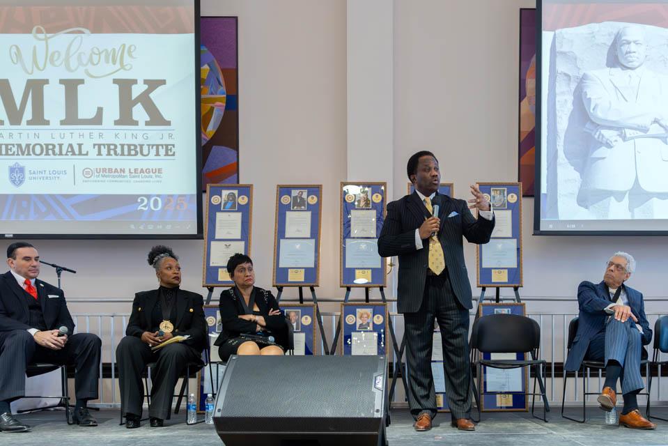 Bishop Michael F. Jones participates in a panel discussion during the Martin Luther King Jr. Memorial Tribute on Jan. 23, 2025. Photo by Sarah Conroy.