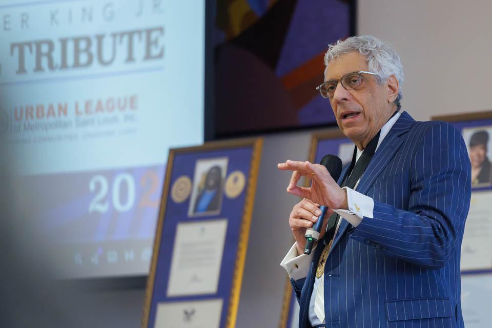 President Fred P. Pestello, Ph.D., participates in a panel discussion during the Martin Luther King Jr. Memorial Tribute on Jan. 23, 2025. Photo by Sarah Conroy.