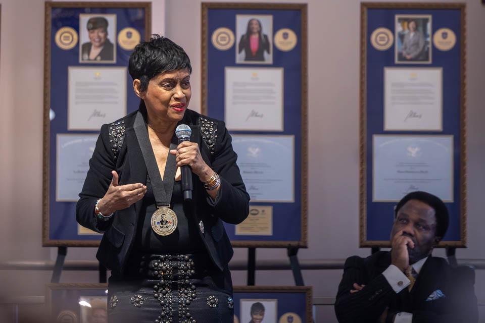 Judge Glenda A Hatchett, J.D., participates in a panel discussion during the Martin Luther King Jr. Memorial Tribute on Jan. 23, 2025. Photo by Sarah Conroy. 