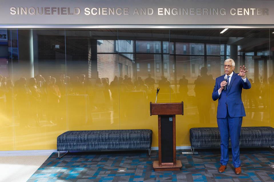 President Fred P. Pestello, Ph.D., speaks during the dedication of the Sinquefield Science and Engineering Center on March 18, 2025. Photo by Sarah Conroy.  