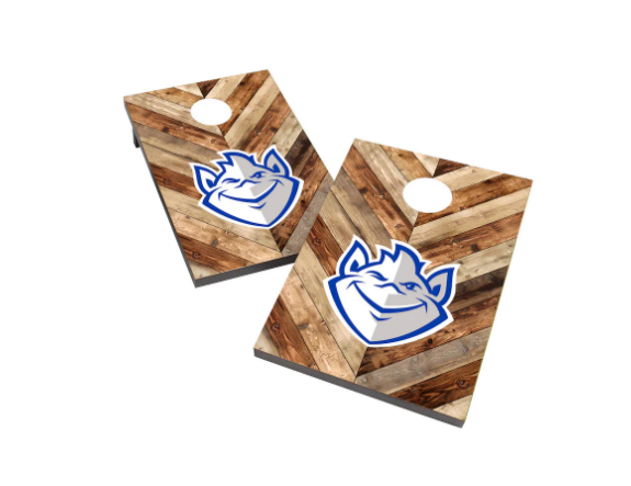 Two wooden corn hole games with the Billiken logo on it