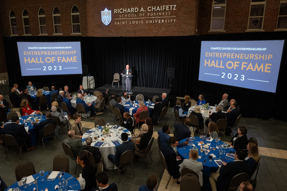 Attendees watch the presentation at the Chaifetz Center for Entrepreneurship Hall of Fame Induction dinner