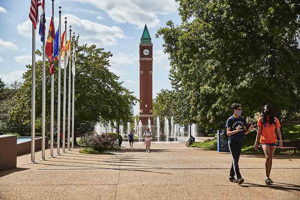 SLU Clock Tower with Students