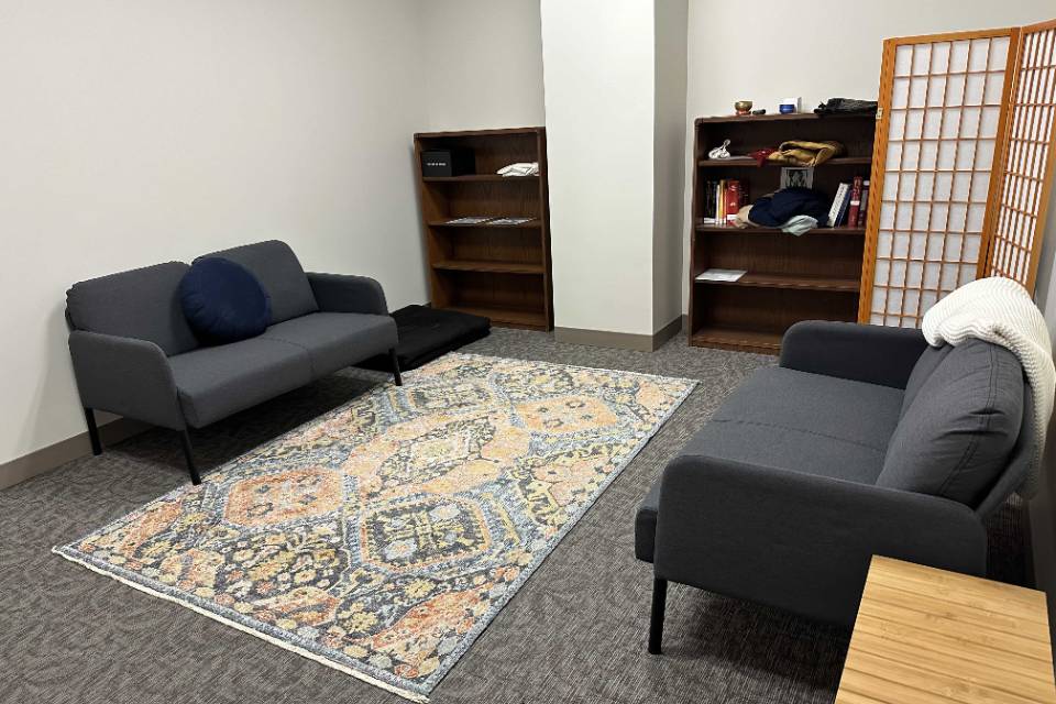 A room with sofas along each wall and a rug in the center. There are book shelves in the background with various items visible.