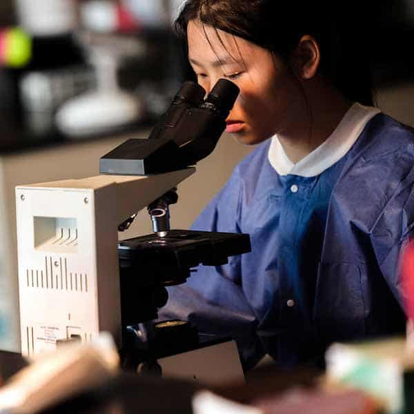 A female student looks through a microscope in a lab.