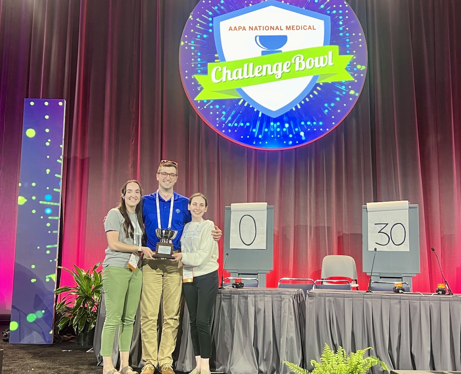 SLU PA students Rebecca Oberkrom, Katie Reddy, and David Shengelia at the 2024 AAPA National Medical Challenge Bowl competition. 