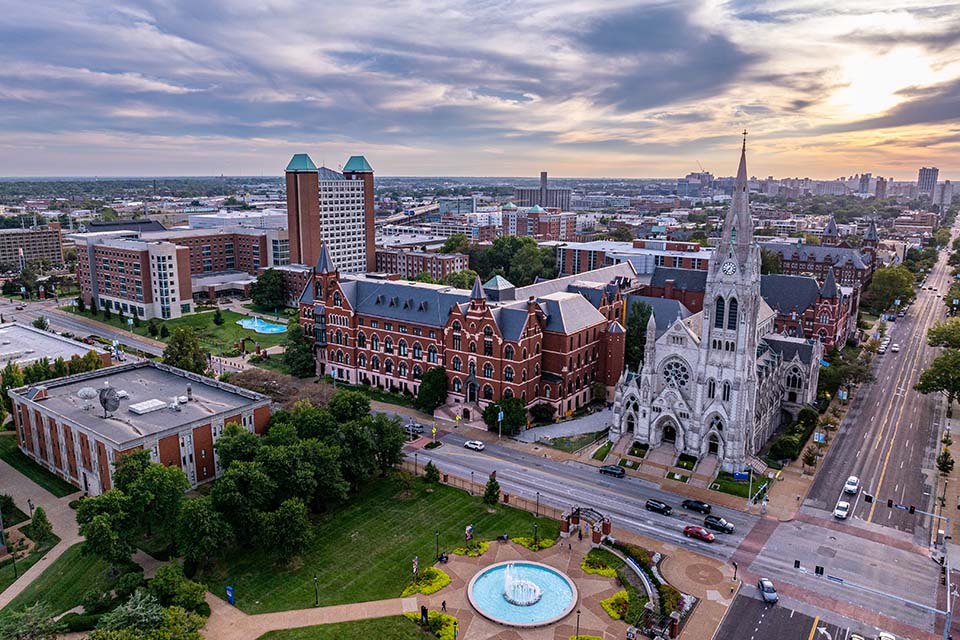 A view of campus from above. College Church and a fountain can be seen.