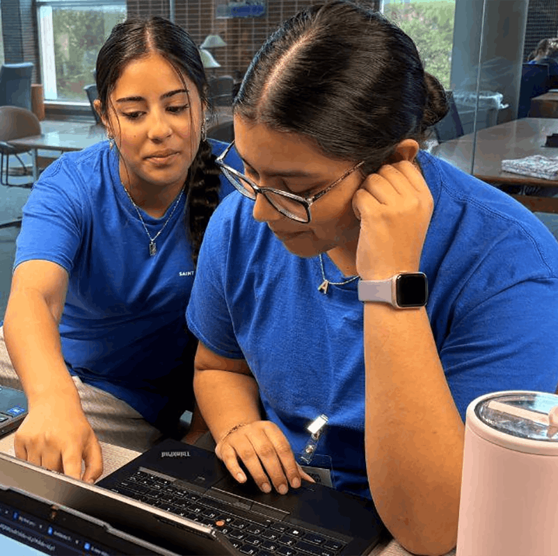 Two students look at a laptop screen
