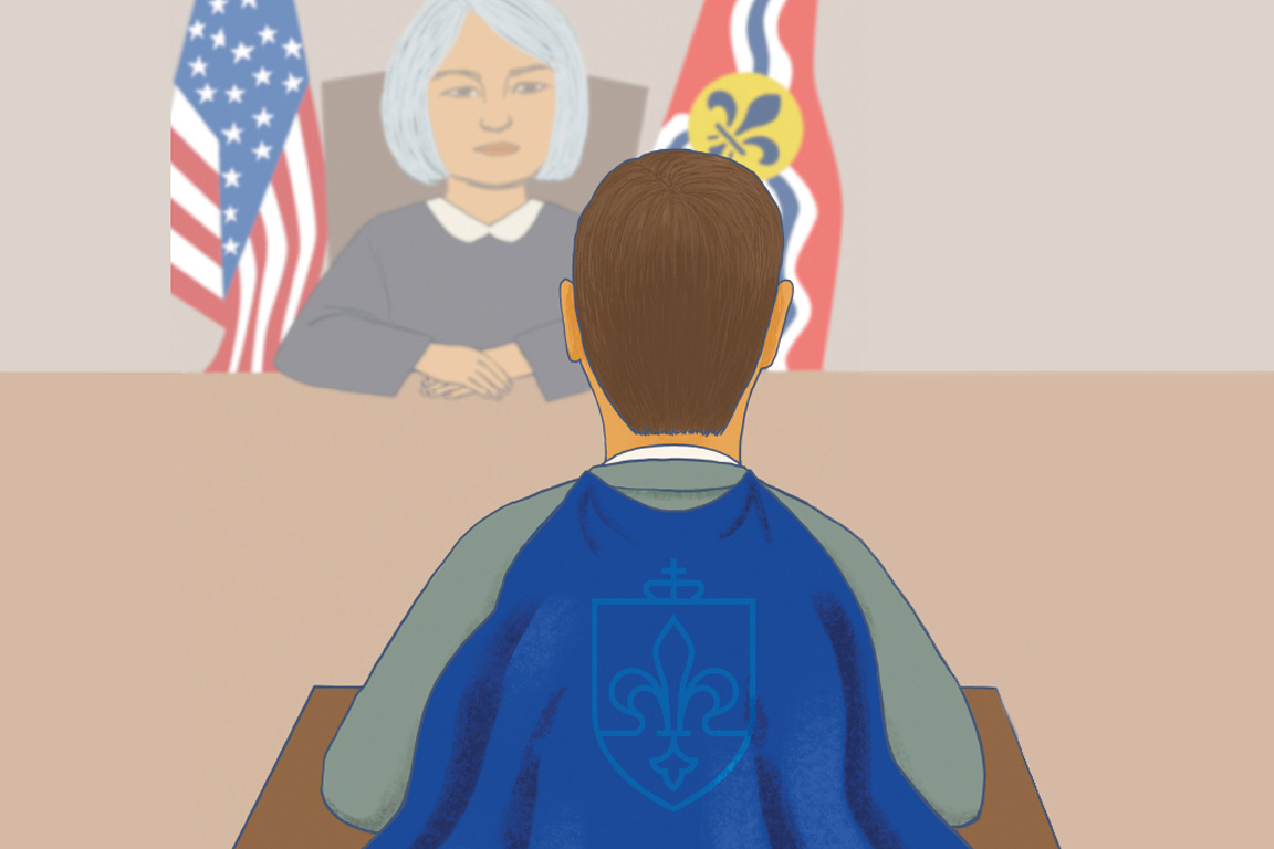 Illustration: SLU LAW alumnus in cape advocates before a judge in courtroom