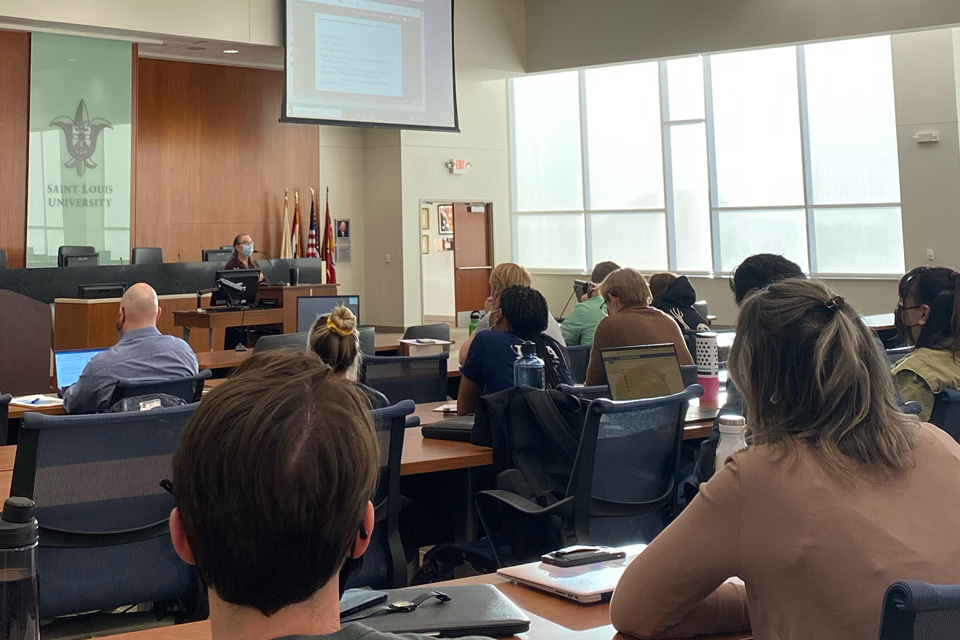 Prof Monica Eppinger presents in courtroom