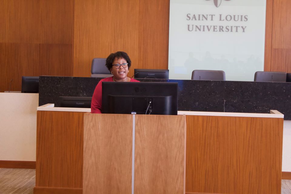 Madiba K. Dennie speaks at Scott Hall for the 2024 Childress Lecture