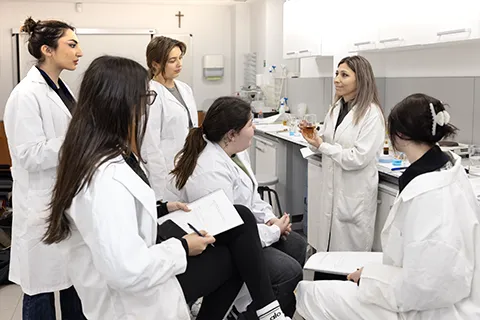 Student holding specimen speaks with professor and fellow student while two other students look at notebook in a science lab.