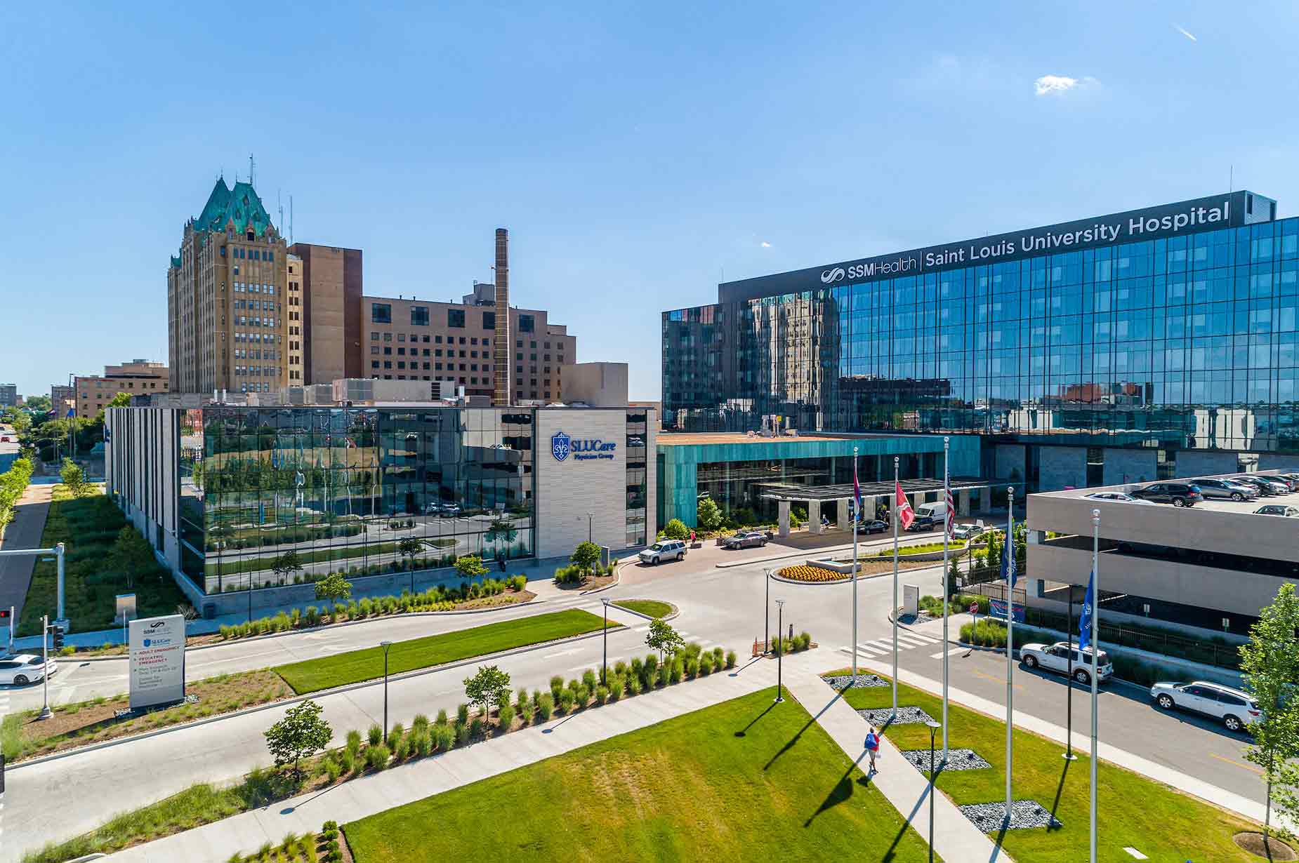 Exterior view of Saint Louis University Hospital and other School of Medicine buildings on a sunny afternoon. 