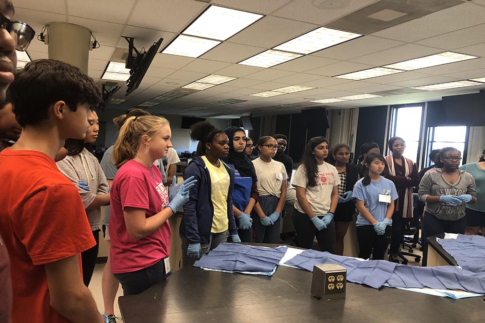 A group of students participate in a hands-on activity as part of the School of Medicine's Summer Scholars Program at Saint Louis University.