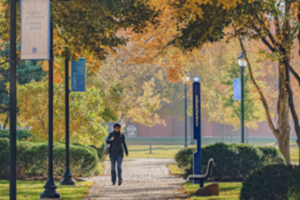 A figure is seen walking along a path at SLU, framed by fall trees.