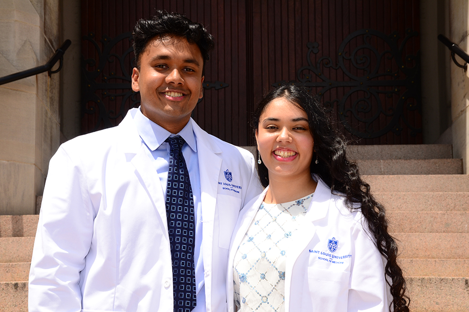 Attendees were seeing double at this year’s Saint Louis University School of Medicine White Coat Ceremony on Sunday, July 28. Aarti and Arjun Sahai, siblings in a triplet set, were part of the incoming Class of first-year medical students at SLU.