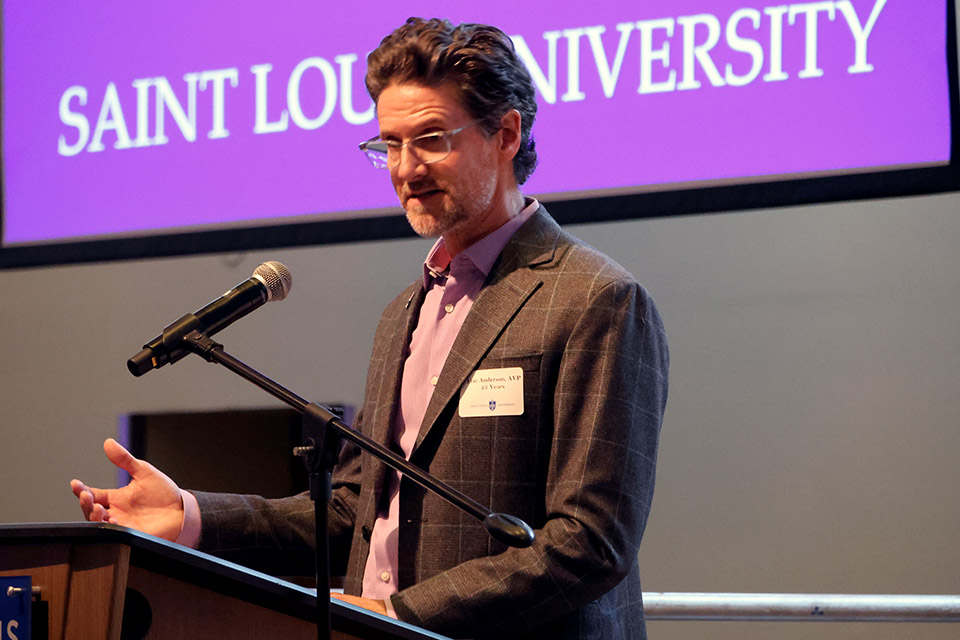 Eric Anderson addressed attendees at the 2024 Presidential Service Awards. Anderson has been at SLU for 25 years. Photo by Joe Barker.