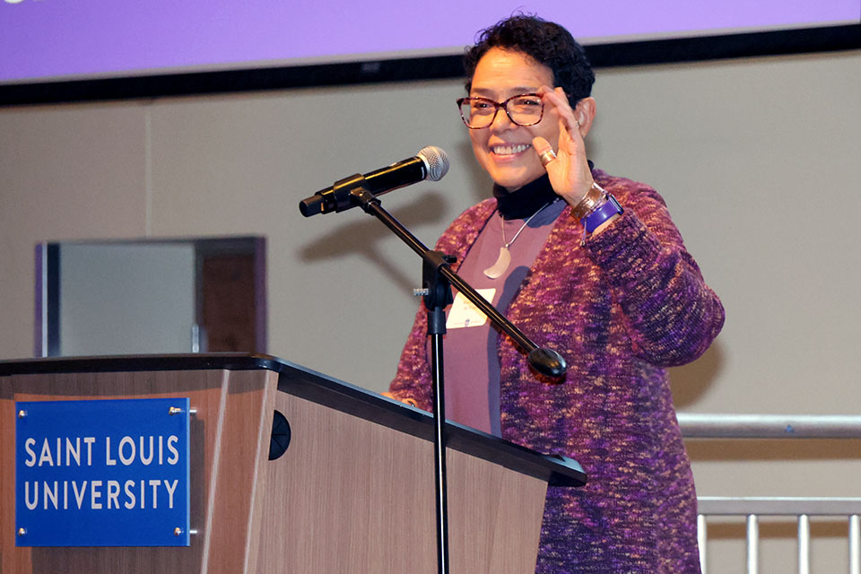 Karla Scott, Ph.D., speaks at the 2024 Presidential Service Awards on Thursday, Nov. 7. Scott was recognized for 30 years at SLU. Photo by Joe Barker.