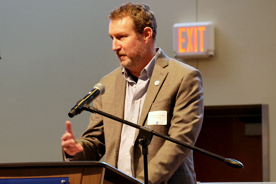 Stephen Schmidt addressed the crowd at the 2024 Presidential Service Awards. Schmidt has been with SLU for 30 years. Photo by Joe Barker.