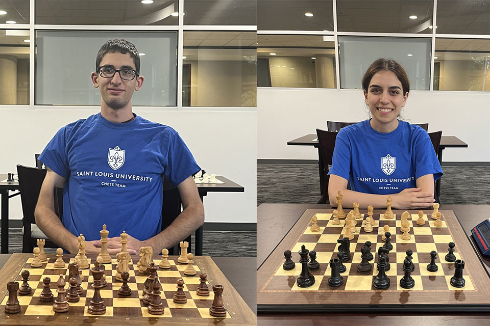 Two images placed side by side. Each one contains a photo of a student sitting in front of a chess board. They both wear t-shirts that read "Saint Louis University Chess Team"